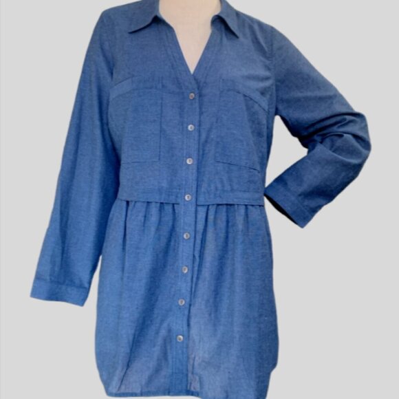 Roaman's Cotton Chambray Long Sleeve Button Front Tunic Top Plus Sz 16W Blue 88C - Picture 1 of 9